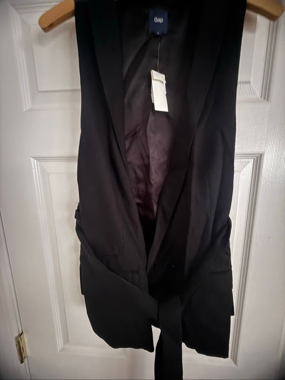 Gap Womens Vest  Black Wool Blend Plunging Neck Waist Tie Double Breasted